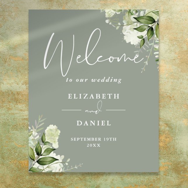 Poster Placa de Boas-Vindas de Casamento Verde Folhagem F (Greenery Floral Sage Green Wedding Welcome Sign)