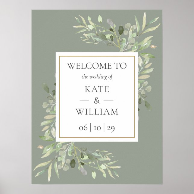 Poster Placa de Boas-Vindas de Casamento Verde Sage Botân (Frente)