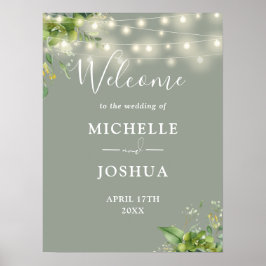 Poster Placa de Boas-Vindas de Casamento Verde Sage Luzes