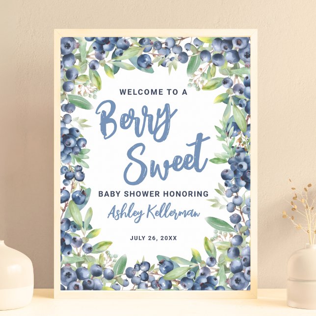 Poster Placa de Boas-Vindas de Chá de Bebê Doce Mirtilo B (Blueberry Berry Sweet Baby Shower Welcome Sign)