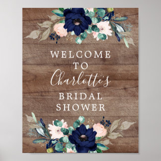 Poster Placa de Boas-Vindas de Chá de Noiva Rustic Navy &