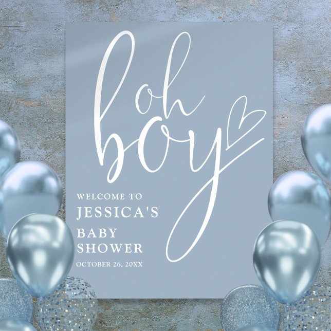 Poster Placa de Boas-vindas de Chás de Bebê Menino Dusty  (Oh Boy Dusty Blue Baby Shower Welcome Sign)