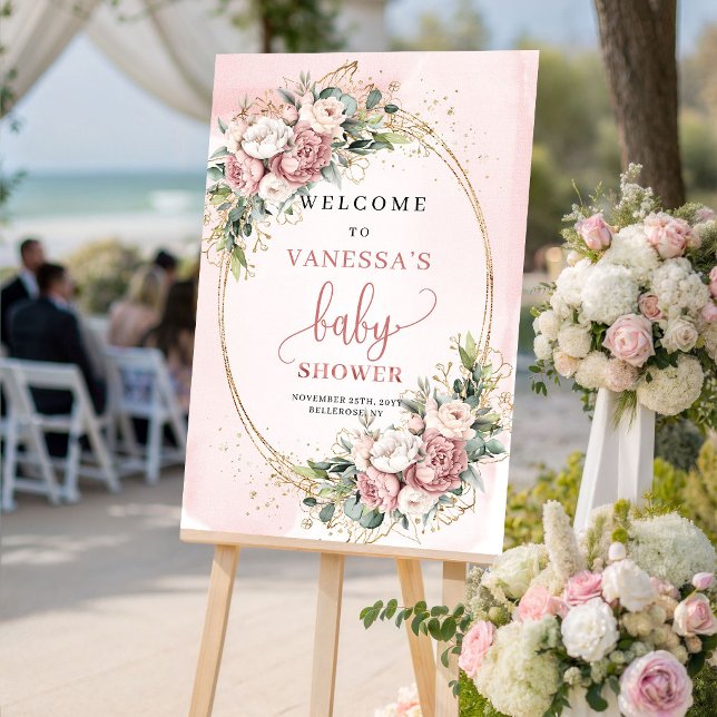 Poster Placa de Boas-Vindas de Chuveiro de Bebê Floral Ro (Cute Dusty Pink Floral Baby Shower Welcome Sign)