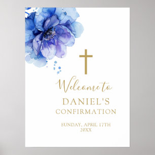 Poster Placa de Boas-Vindas de Confirmação Floral Azul Aq
