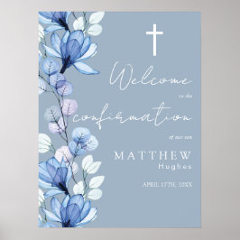 Poster Placa de Boas-Vindas de Confirmação Floral Azul Em