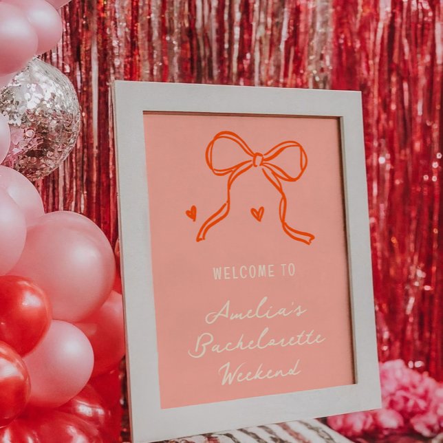 Poster Placa de Boas-Vindas de Fim de Semana de Despedida (Pink and red bachelorette party welcome sign featuring hand-drawn sketch illustrations.)