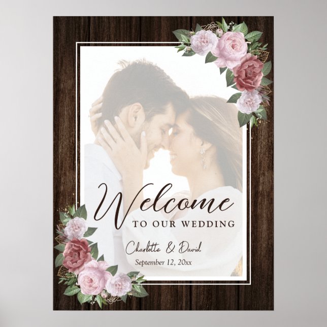 Poster Placa de Boas-Vindas de Foto de Casamento Rosa Beg (Frente)