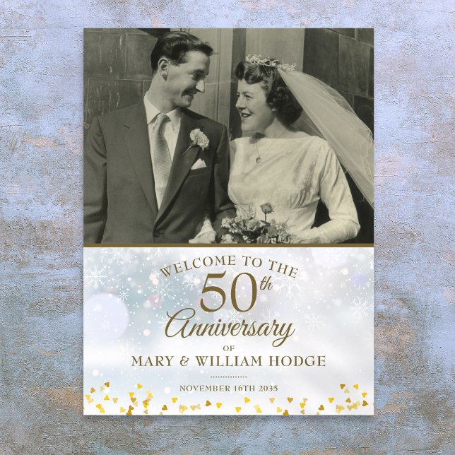 Poster Placa de Boas-Vindas de Fotografia de Casamento de (Winter 50th Anniversary Wedding Photo Welcome Sign)