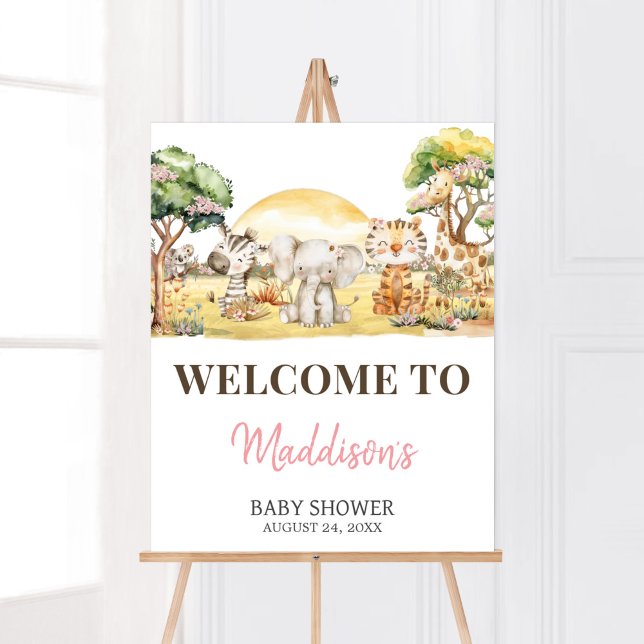 Poster Placa de Boas-Vindas de Menina Floral Selva Safari (Girl Safari Animals Baby Shower Welcome Sign)