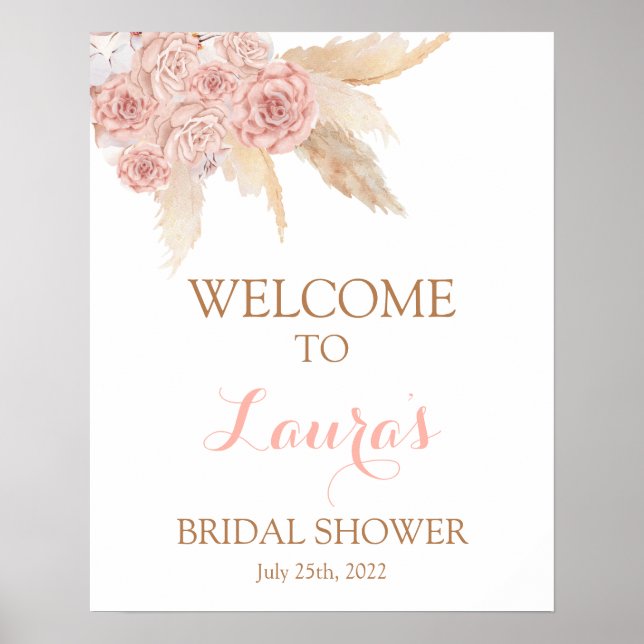 Poster Placa de Boas-Vindas de Noiva Boho Chic Rosa com G (Frente)