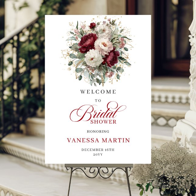 Poster Placa de Boas-Vindas de Noiva com Flores e Folhage (Burgundy Flowers Greenery Gold Bridal Welcome Sign

)