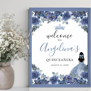 Poster Placa de Boas-Vindas de Quinze Anos Floral Azul