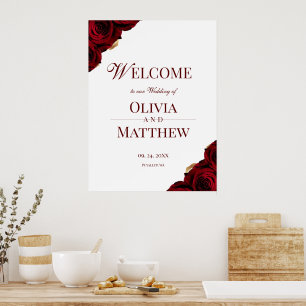 Poster Placa de Boas-Vindas de Rosas Borgonha Elegantes p