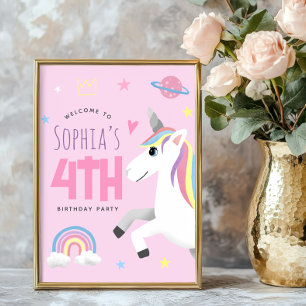 Poster Placa de Boas-Vindas de Unicórnio Rosa Fofo para M