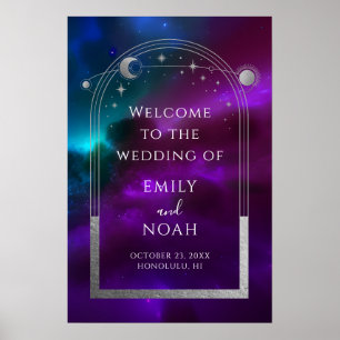 Poster Placa de Boas-Vindas Estrelas Sol Lua Roxo Còsmico