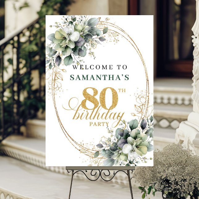 Poster Placa de Boas-Vindas Eucalipto Dourado Aniversário (Botanical 80th Eucalyptus Gold Welcome Sign)