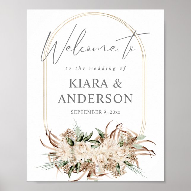 Poster Placa de Boas-Vindas Floral Bege Boho Boêmia (Frente)
