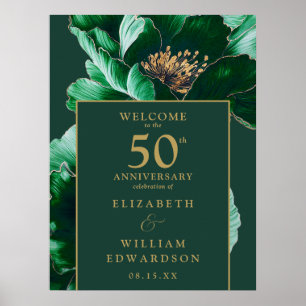 Poster Placa de Boas-Vindas Floral Ouro Verde 50º Anivers