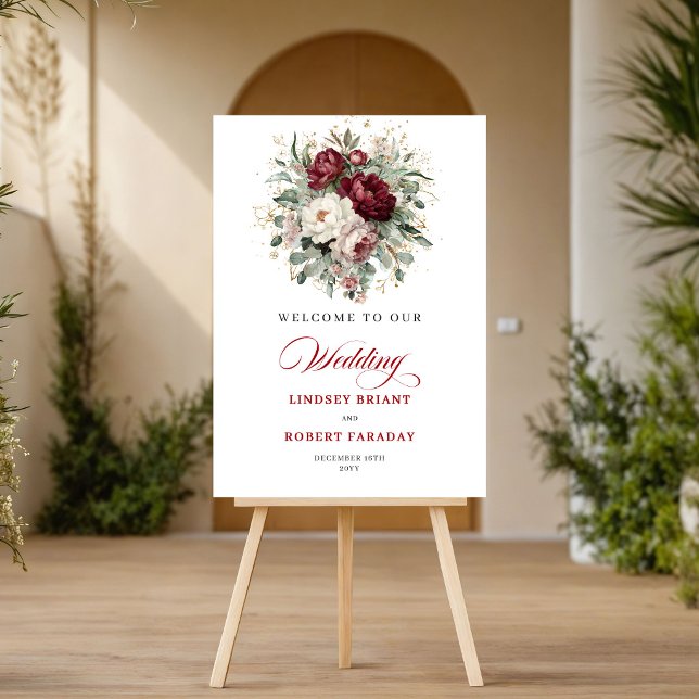 Poster Placa de Boas-Vindas Floral Verde Boho Natural Mar (Natural Boho Marsala Floral Greenery Welcome Poster)