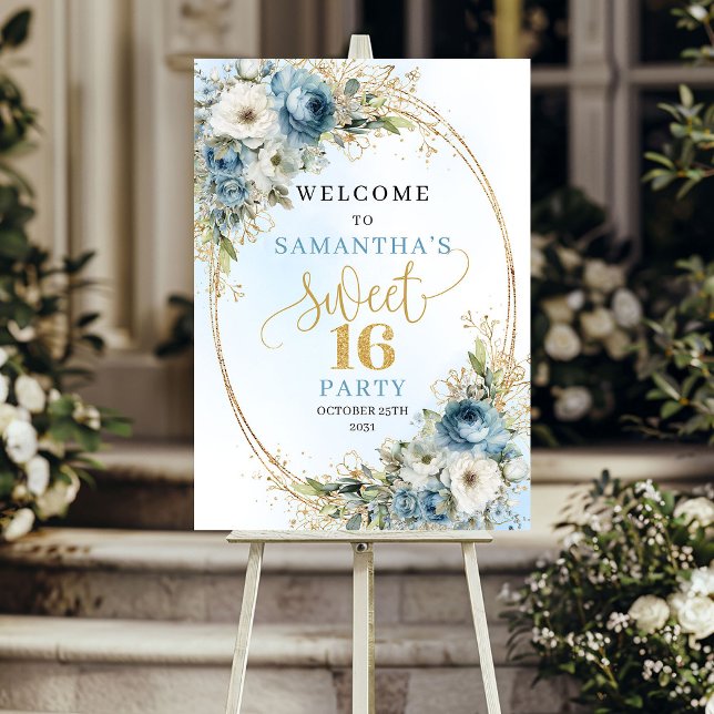 Poster Placa de Boas-Vindas Luxo Boho Floral Dourado Swee (Luxury Boho Floral Sweet 16 Welcome Board)