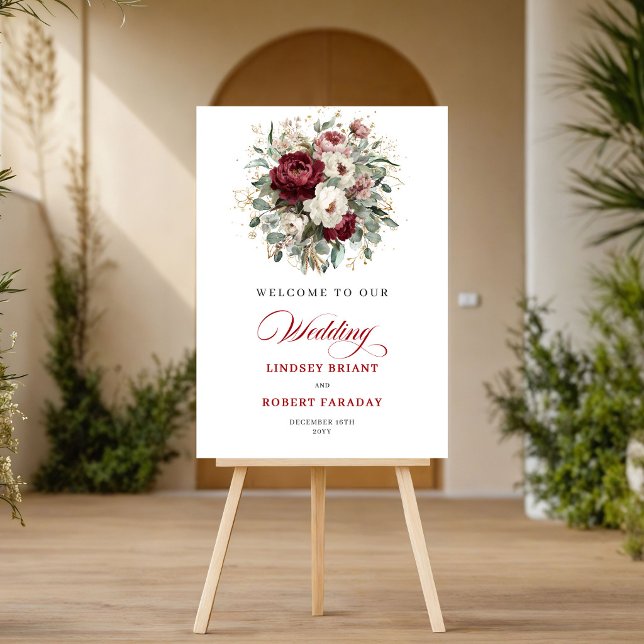 Poster Placa de Boas-Vindas Marrom Refined Floral Eucalip (Refined Maroon Floral Eucalyptus Gold Welcome Sign)