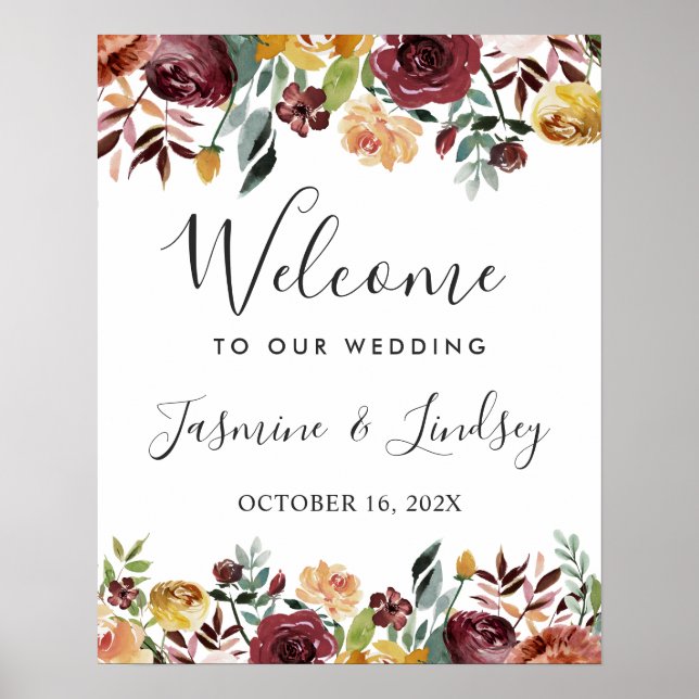Poster Placa de Boas-Vindas para Casamento Floral Rústico (Frente)