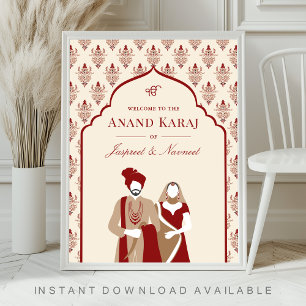 Poster Placa de Boas-Vindas para Casamento Sikh Cream Red