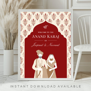 Poster Placa de Boas-Vindas para Casamento Sikh Red Cream