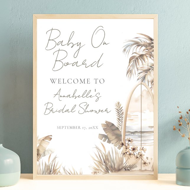 Poster Placa de Boas-Vindas para Chá de Bebê "Beach Baby  (Beach Baby On Board Baby Shower Welcome Sign)