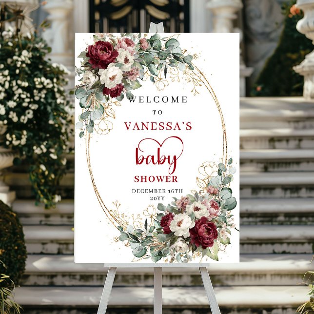 Poster Placa de Boas-Vindas para Chá de Bebê Burgundy Mar (Burgundy Marsala Floral Baby Shower Welcome)