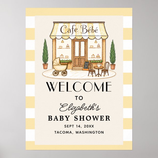 Poster Placa de Boas-Vindas para Chá de Bebê Café Francês (Frente)