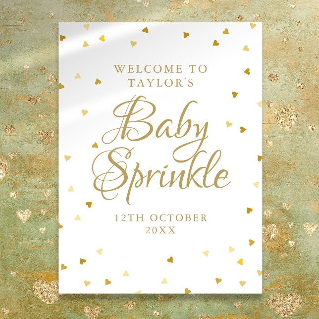 Poster Placa de Boas-Vindas para Chá de Bebê com Corações (Gold Hearts Baby Shower Sprinkle Welcome Sign)