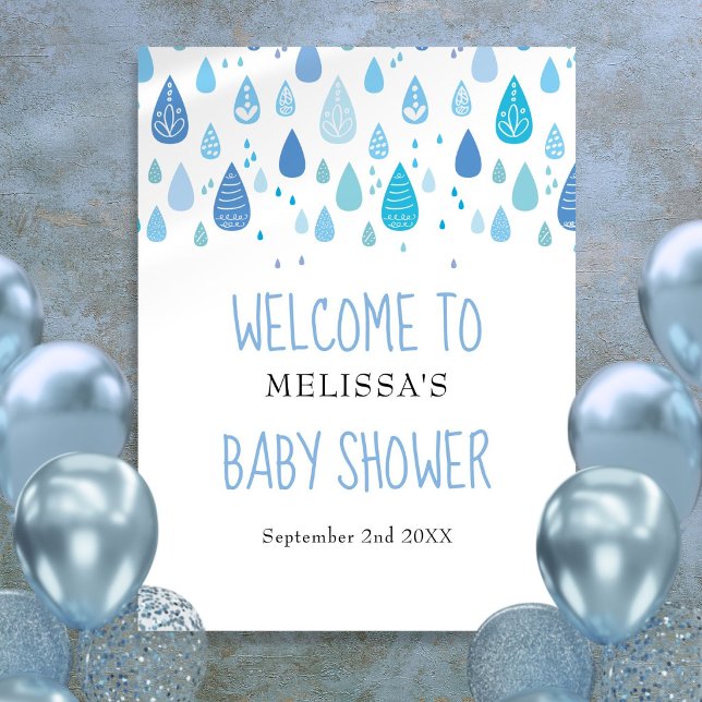 Poster Placa de Boas-Vindas para Chá de Bebê com Gotas de (Cute Blue Raindrops Baby Shower Welcome Sign)
