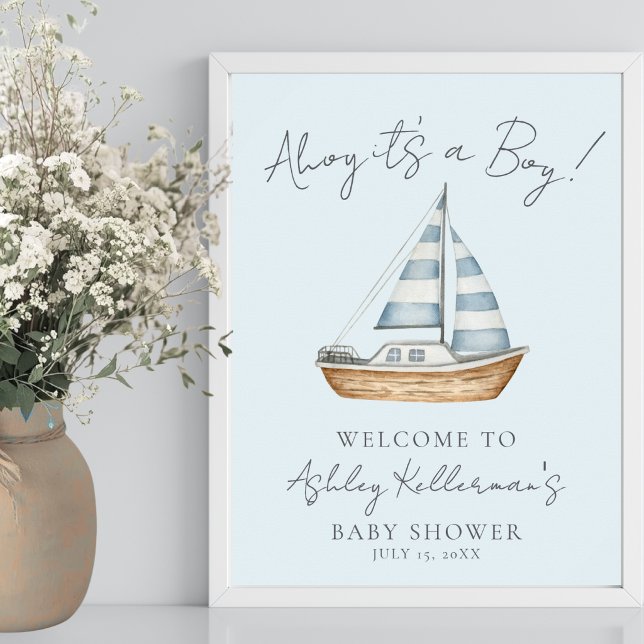 Poster Placa de Boas-Vindas para Chá de Bebê com Tema Men (Nautical Blue Boy Baby Shower Welcome Sign)
