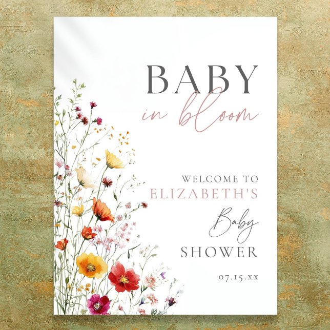 Poster Placa de Boas-Vindas para Chá de Bebê Flores Silve (Baby In Bloom Wildflowers Baby Shower Welcome Sign)