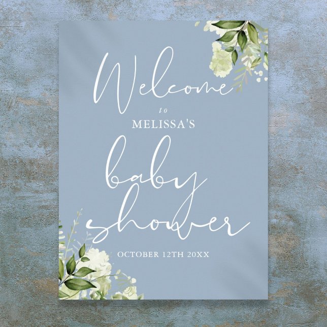 Poster Placa de Boas-Vindas para Chá de Bebê Greenery Dus (Greenery Dusty Blue Baby Shower Welcome Sign)