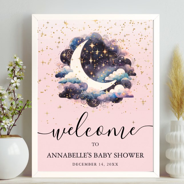 Poster Placa de Boas-Vindas para Chá de Bebê Menina Rosa  (Over The Moon Pink Girl Baby Shower Welcome Sign)