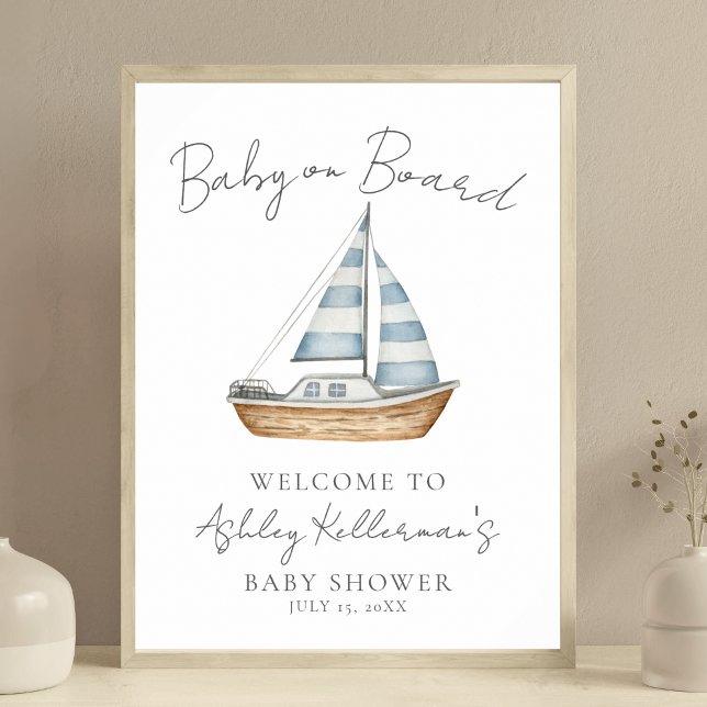 Poster Placa de Boas-Vindas para Chá de Bebê Náutico Bebê (Nautical Baby On Board Shower Welcome Sign)