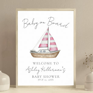 Poster Placa de Boas-Vindas para Chá de Bebê Rosa Náutico