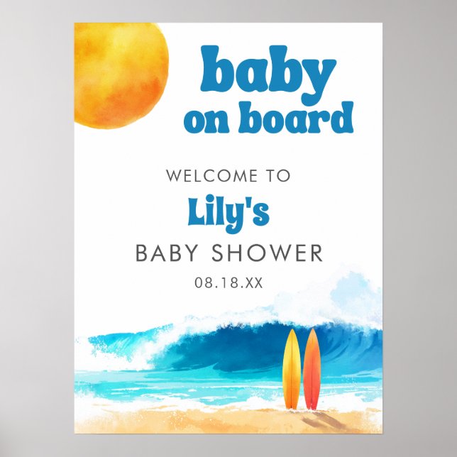 Poster Placa de Boas-Vindas para Chá de Bebê Surf Beach B (Frente)