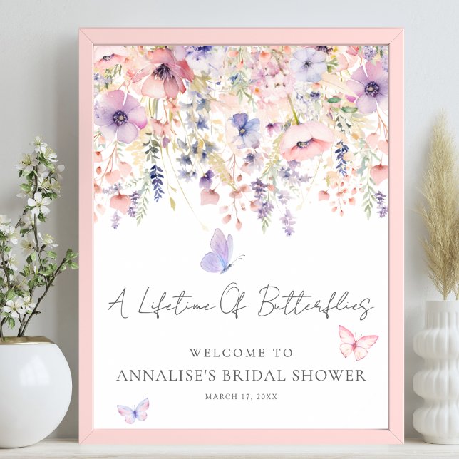 Poster Placa de Boas-Vindas para Chá de Noiva com Borbole (Wildflower Butterfly Bridal Shower Welcome Sign)