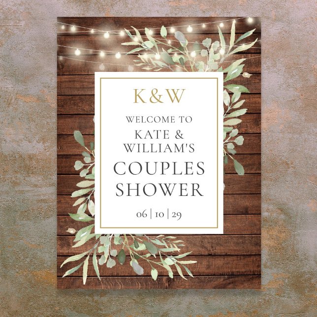 Poster Placa de Boas-Vindas para Chá de Noiva com Monogra (Rustic Monogram Foliage Bridal Shower Welcome Sign)