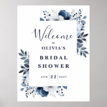 Placa de Boas-Vindas para Chá de Noiva Floral Azul