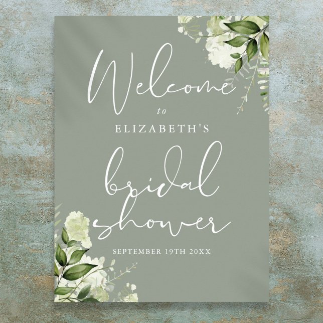 Poster Placa de Boas-Vindas para Chá de Noiva Verde Sage  (Greenery Sage Green Bridal Shower Welcome Sign)