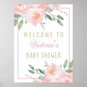 Poster Placa de Boas-Vindas para Chás de Bebê com Rosa de