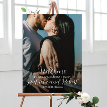 Placa de boas-vindas para festa de noivado com fot