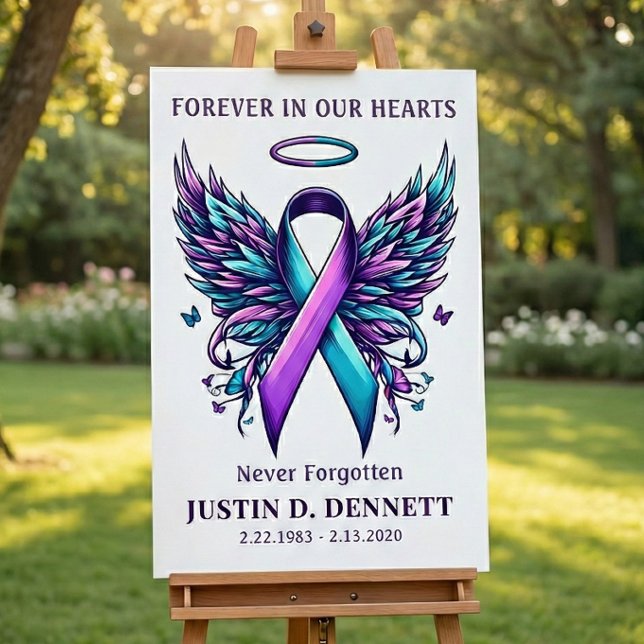 Poster Placa de Boas-Vindas para Funeral em Memória da Pr (Suicide Prevention awareness teal purple ribbon and  angel wings)