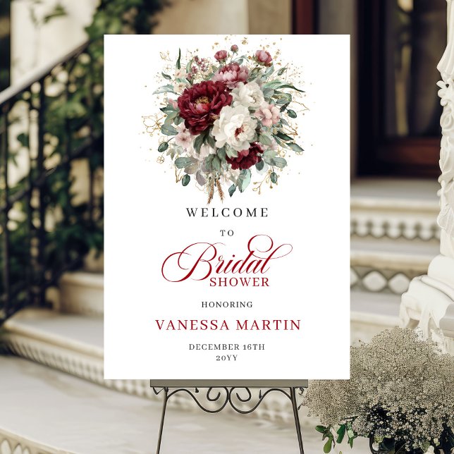 Poster Placa de Boas-Vindas Romântica com Marsala, Floral (Romantic Marsala Floral Eucalyptus Welcome Sign)