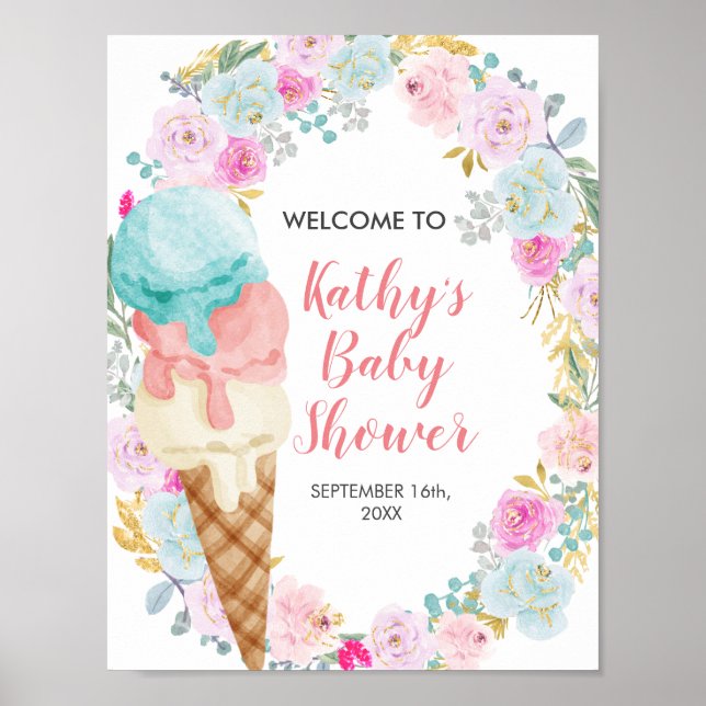 Poster Placa de Boas Vindas Sorvete Flores Pastel (Frente)