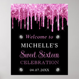Poster Placa de Boas-Vindas Sweet 16 com Brilho Rosa e Pr